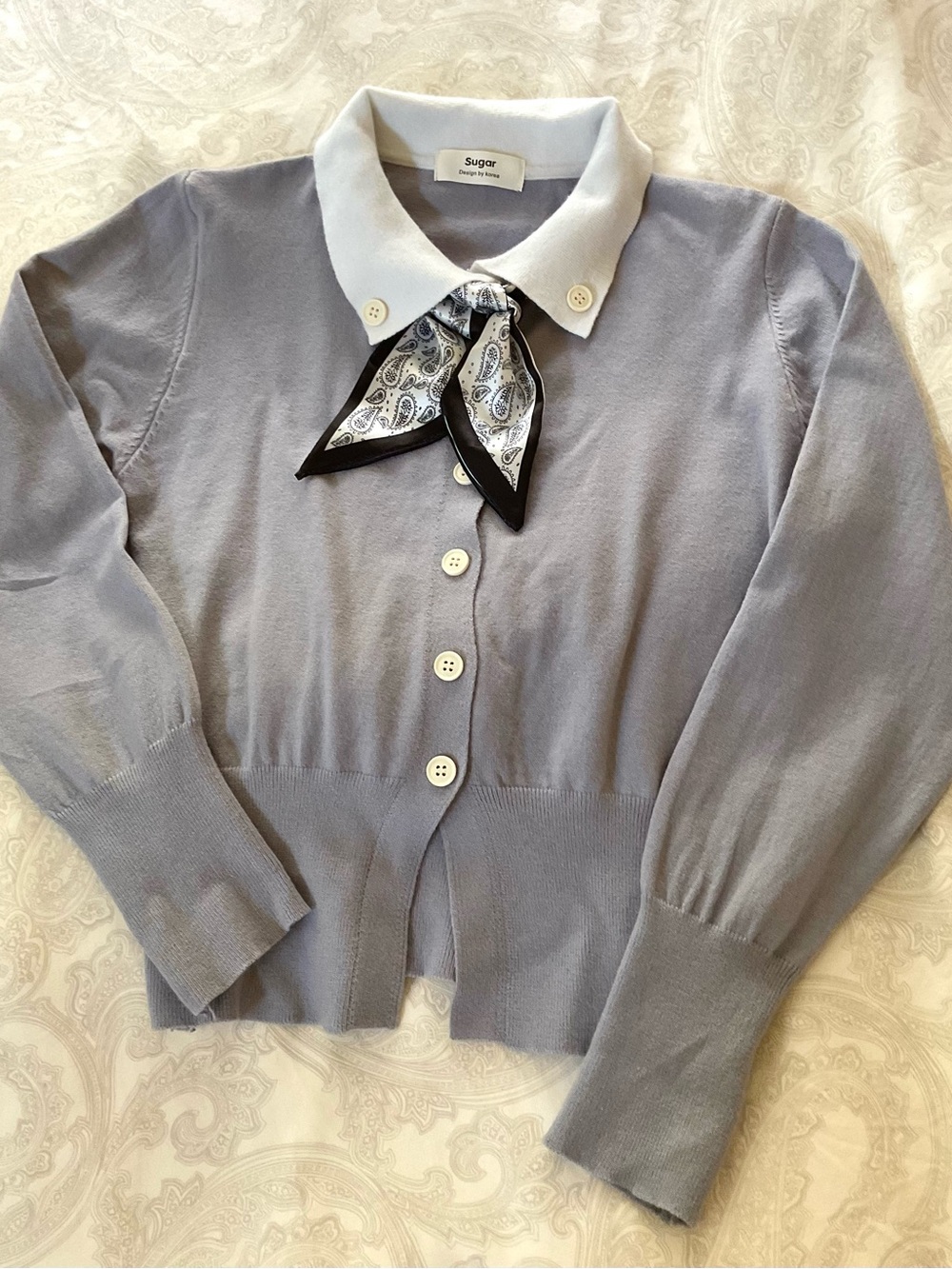 Sugar Blue Gray Collared Button-Front Sweater with Paisley Scarf